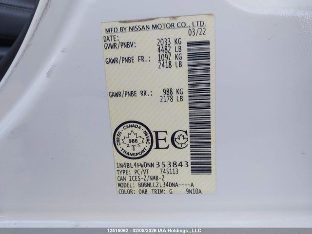 1N4BL4FW0NN353843 Nissan Altima 2.5 Platinum