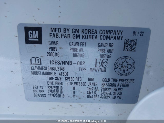 KL4MMESL6NB092148 Buick Encore Gx Select
