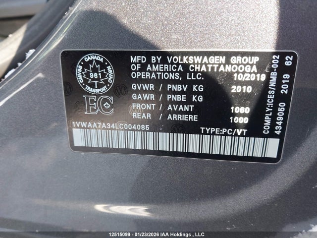 12515099 :رقم المزاد ، 1VWAA7A34LC004085 vin ، 2020 Volkswagen Passat Comfortline مزاد بيع