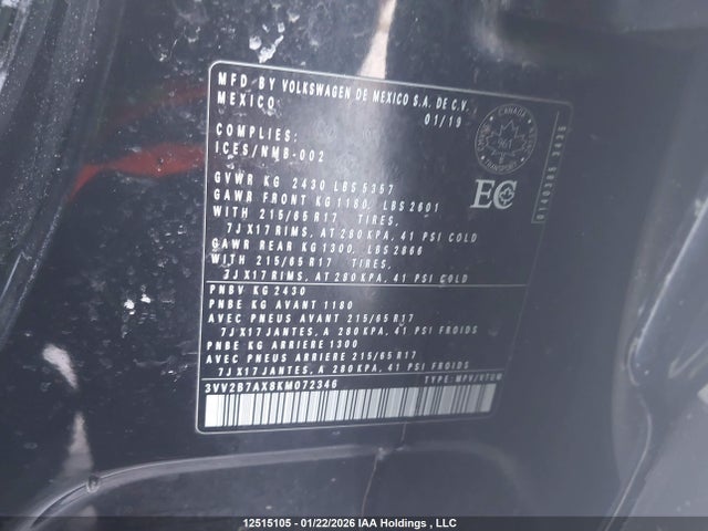 3VV2B7AX8KM072346 Volkswagen Tiguan Comfortline