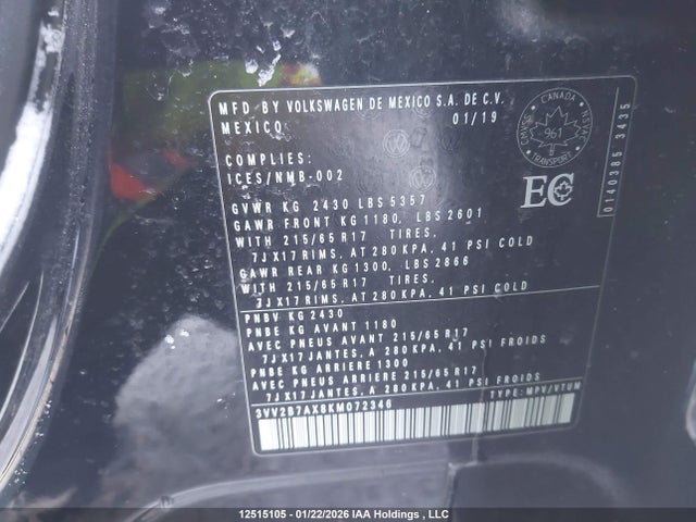 3VV2B7AX8KM072346 Volkswagen Tiguan Comfortline