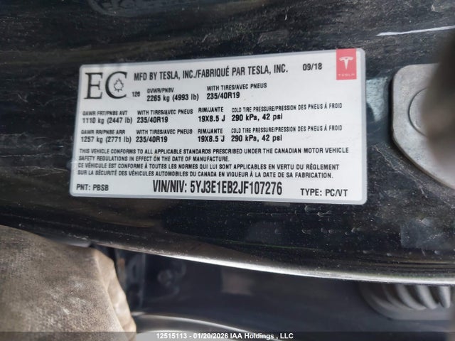 5YJ3E1EB2JF107276 Tesla MODEL 3