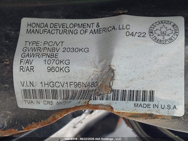 2022 Honda Accord Touring მანქანა იყიდება აუქციონზე, vin: 1HGCV1F96NA801190, აუქციონის ნომერი: 12515119