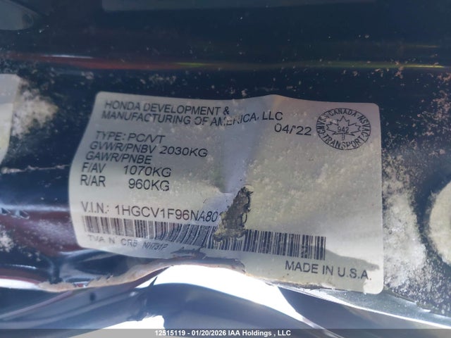 2022 Honda Accord Touring მანქანა იყიდება აუქციონზე, vin: 1HGCV1F96NA801190, აუქციონის ნომერი: 12515119