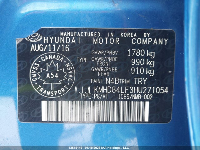 KMHD84LF3HU271054 Hyundai ELANTRA GL