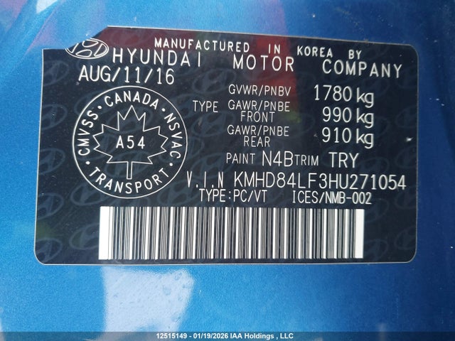 KMHD84LF3HU271054 Hyundai ELANTRA GL