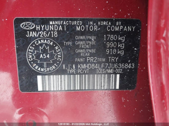 KMHD84LF7JU636843 Hyundai Elantra