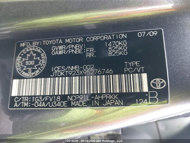 12515230 :رقم المزاد ، JTDKT923X95276746 vin ، 2009 Toyota Yaris مزاد بيع