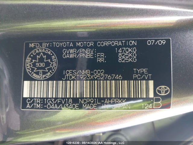 12515230 :رقم المزاد ، JTDKT923X95276746 vin ، 2009 Toyota Yaris مزاد بيع
