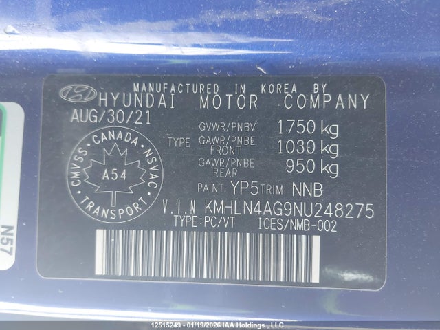 KMHLN4AG9NU248275 Hyundai Elantra Ultimate Ivt With Tech Package