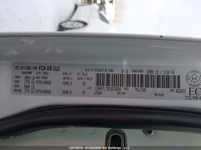 Aukcja sprzedaży 2019 Ram 1500 Classic Slt, vin: 1C6RR7LT2KS672930, numer aukcji: 12515274
