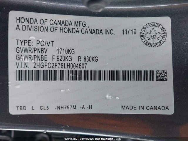 Продаж на аукціоні авто 2020 Honda Civic, vin: 2HGFC2F78LH004607, номер лоту: 12515282