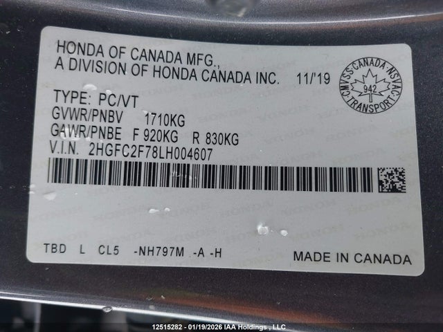 Продаж на аукціоні авто 2020 Honda Civic, vin: 2HGFC2F78LH004607, номер лоту: 12515282