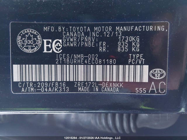 2T1BURHE4EC081180 Toyota Corolla