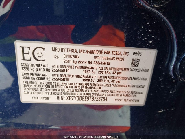 12515320 :رقم المزاد ، XP7YGDEE9TB728754 vin ، 2026 Tesla Model Y مزاد بيع