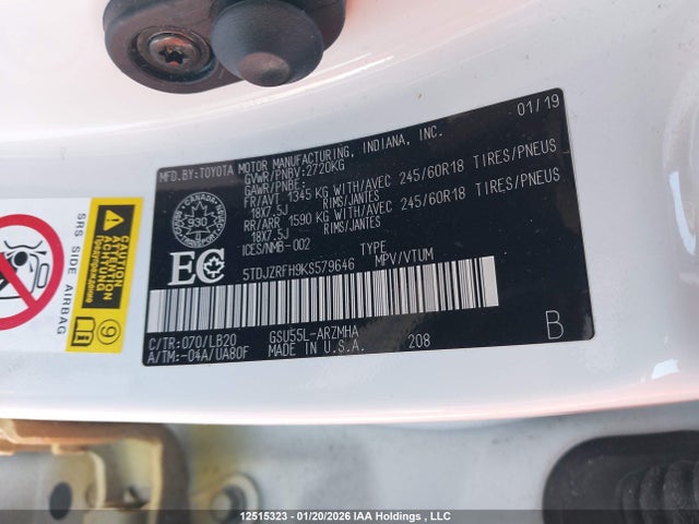 5TDJZRFH9KS579646 Toyota Highlander Xle