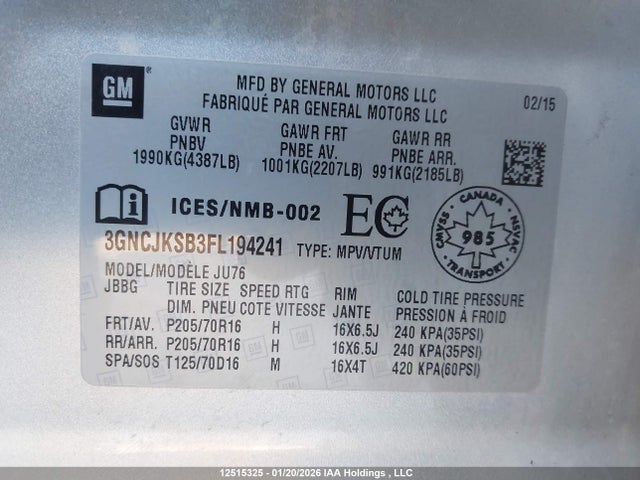 3GNCJKSB3FL194241 Chevrolet TRAX LS