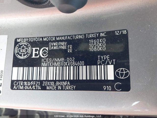 12515344 :رقم المزاد ، NMTKHMBX0KR084600 vin ، 2019 Toyota C-hr Xle مزاد بيع