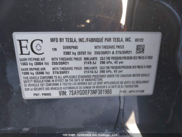 7SAYGDEF3NF381986 Tesla Model Y