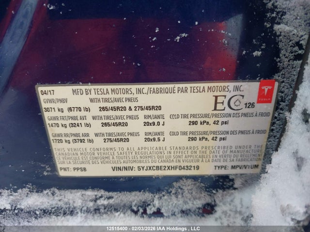 5YJXCBE2XHF043219 Tesla Model X 100d/75d/90d