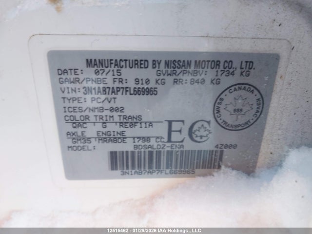 Продаж на аукціоні авто 2015 Nissan Sentra S/sv/sr/sl, vin: 3N1AB7AP7FL669965, номер лоту: 12515462