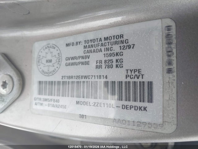 Продаж на аукціоні авто 1998 Toyota Corolla Ve/ce/le, vin: 2T1BR12E8WC711814, номер лоту: 12515470