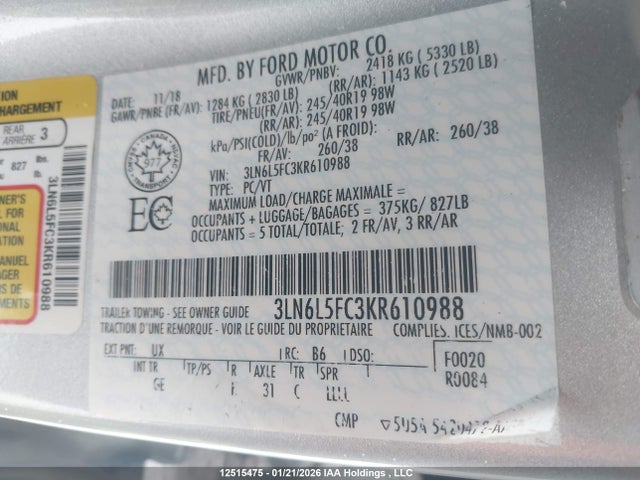 3LN6L5FC3KR610988 Lincoln MKZ