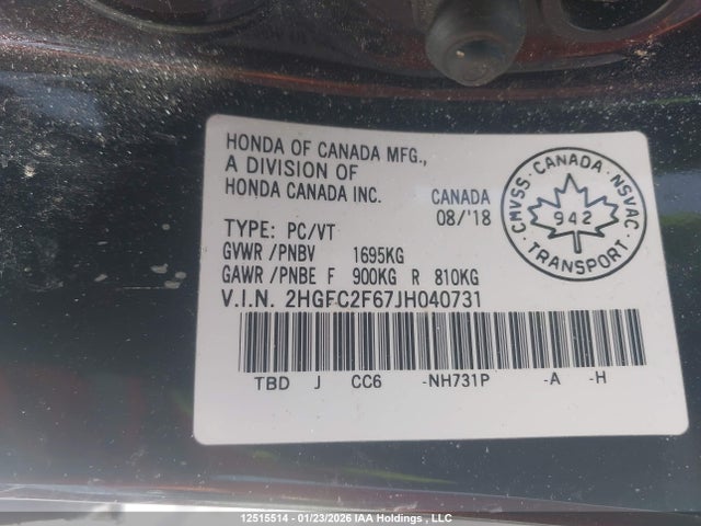 Honda k20c2 2018 2HGFC2F67JH040731 Image 9