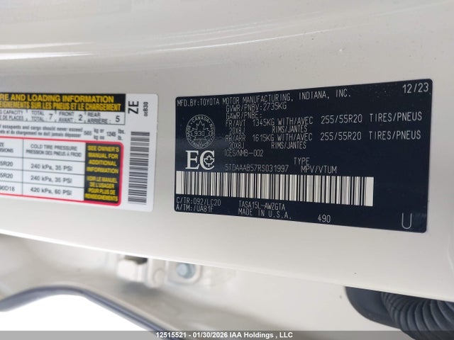 Aukcja sprzedaży 2024 Toyota Grand Highlander, vin: 5TDAAAB57RS031997, numer aukcji: 12515521