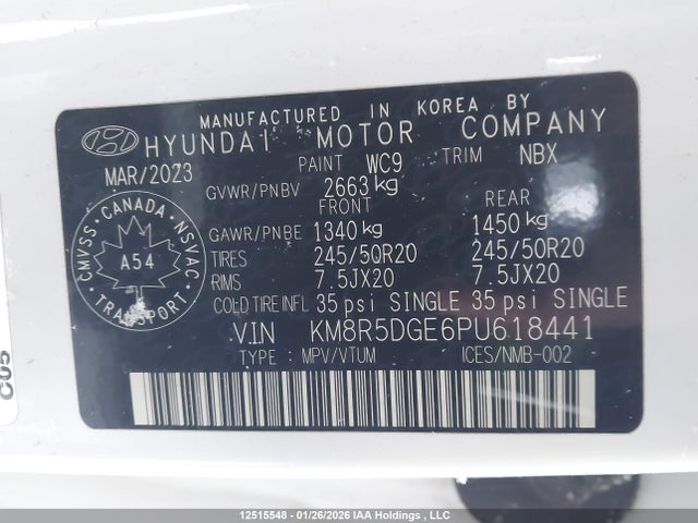 12515548 :رقم المزاد ، KM8R5DGE6PU618441 vin ، 2023 Hyundai Palisade مزاد بيع