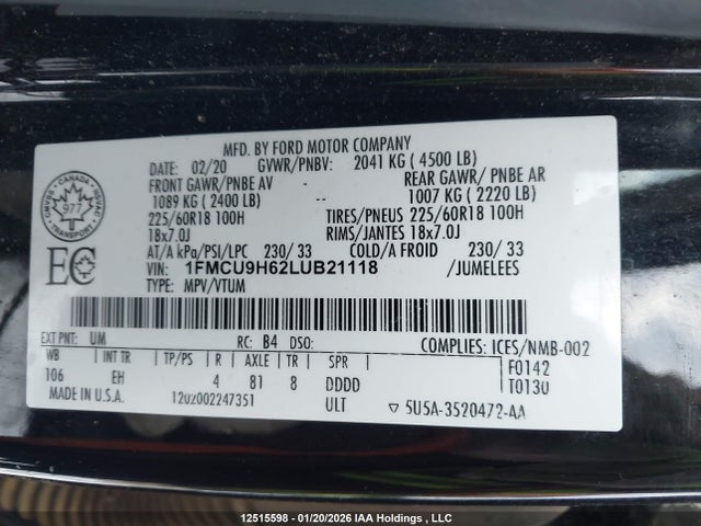1FMCU9H62LUB21118 Ford ESCAPE SEL
