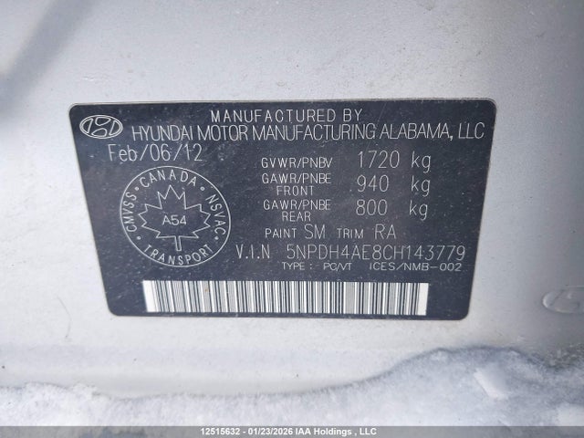 Продажа на аукционе авто 2012 Hyundai Elantra Gls, vin: 5NPDH4AE8CH143779, номер лота: 12515632