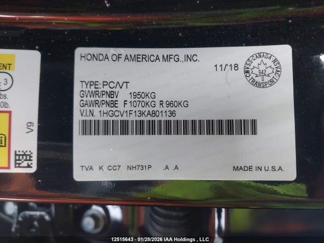 1HGCV1F13KA801136 Honda Accord