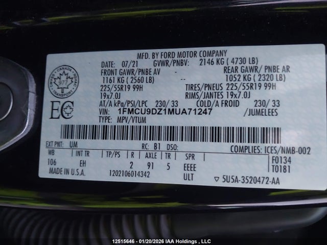 1FMCU9DZ1MUA71247 Ford Escape Titanium Hybrid