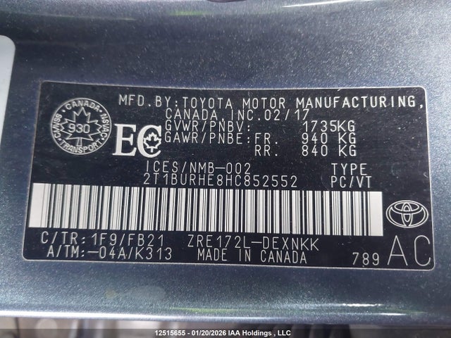 12515655 :رقم المزاد ، 2T1BURHE8HC852552 vin ، 2017 Toyota Corolla L/le/xle/se/xse مزاد بيع