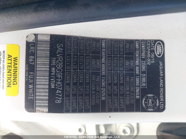 SALVR2BG9FH074778 Land Rover Range Rover Evoque Pure City