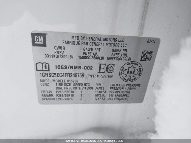 2015 Chevrolet Suburban C1500 მანქანა იყიდება აუქციონზე, vin: 1GNSC5EC4FR246769, აუქციონის ნომერი: 12515772