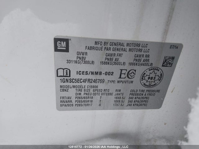 2015 Chevrolet Suburban C1500 მანქანა იყიდება აუქციონზე, vin: 1GNSC5EC4FR246769, აუქციონის ნომერი: 12515772