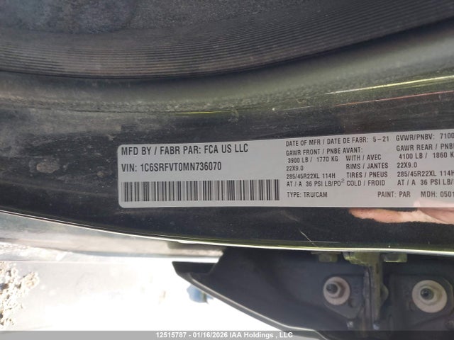 12515787 :رقم المزاد ، 1C6SRFVT0MN736070 vin ، 2021 Ram 1500 Sport مزاد بيع