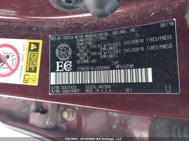 Toyota Highlander Le/le Plus 2018 5TDBZRFH6JS890888 Image 9