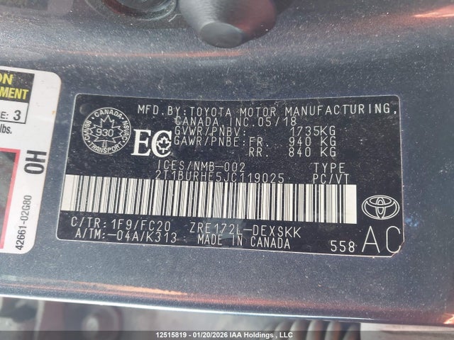 2T1BURHE5JC119025 Toyota Corolla L/le/xle/se/xse