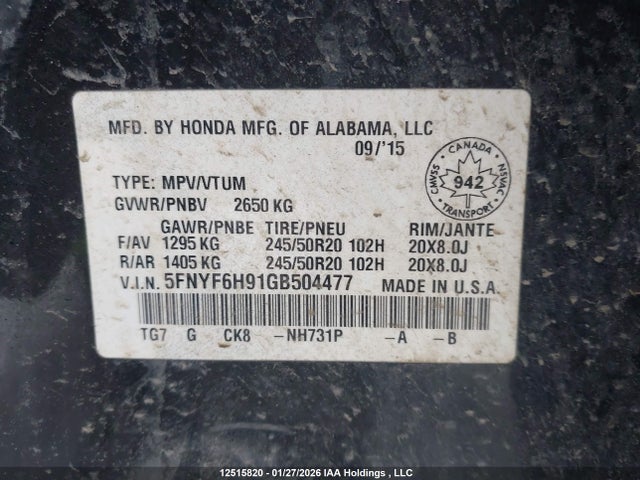 5FNYF6H91GB504477 Honda Pilot Touring
