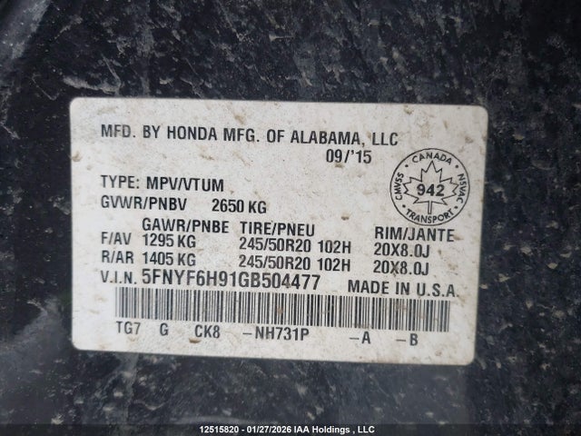 5FNYF6H91GB504477 Honda Pilot Touring