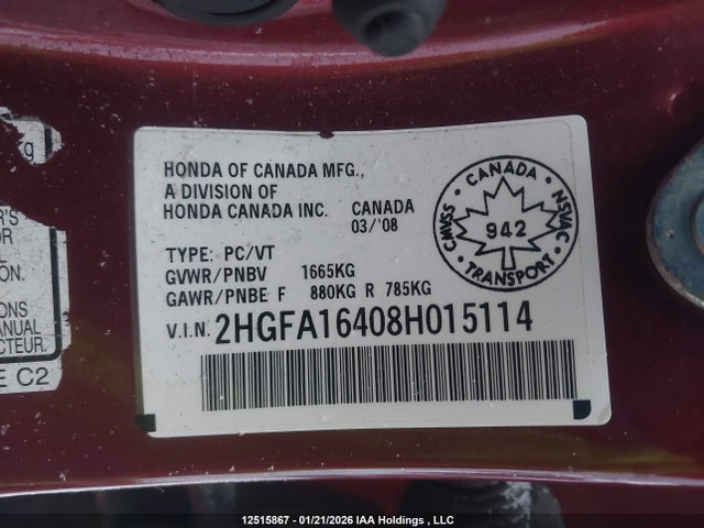Aukcja sprzedaży 2008 Honda Civic Dx-g, vin: 2HGFA16408H015114, numer aukcji: 12515867