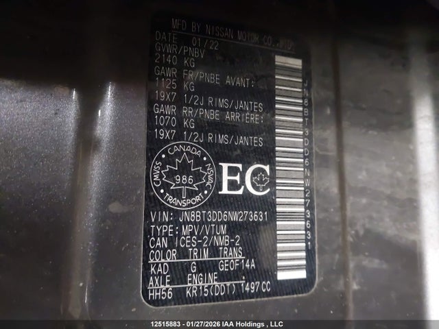 JN8BT3DD6NW273631 Nissan Rogue
