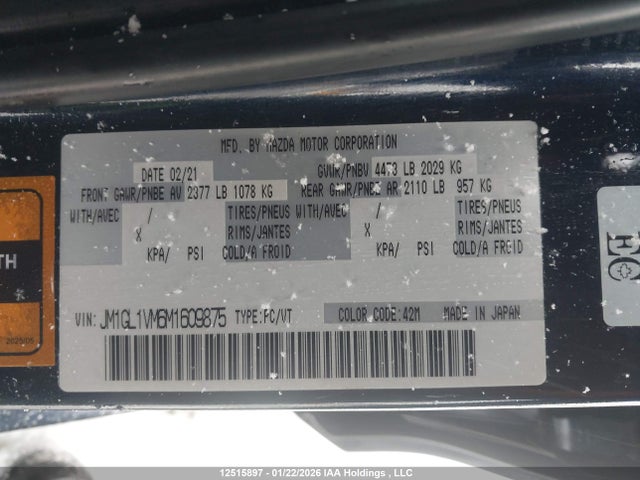 Продажа на аукционе авто 2021 Mazda Mazda6, vin: JM1GL1VM6M1609875, номер лота: 12515897