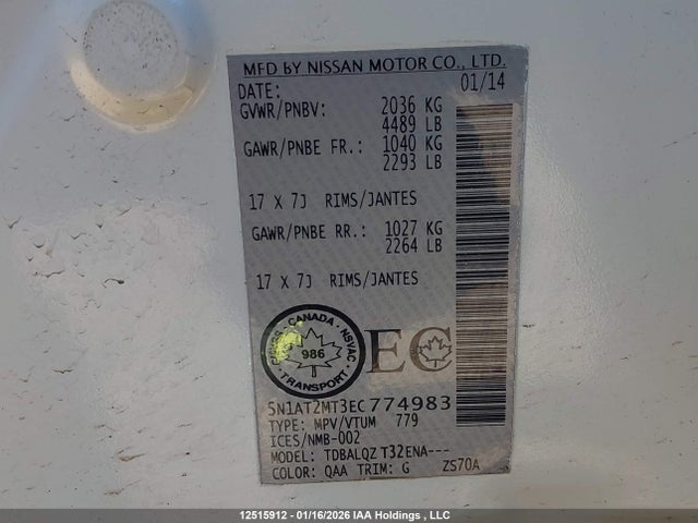 Aukcja sprzedaży 2014 Nissan Rogue S/sl/sv, vin: 5N1AT2MT3EC774983, numer aukcji: 12515912