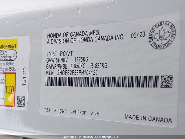 2023 Honda Civic Ex მანქანა იყიდება აუქციონზე, vin: 2HGFE2F33PH104126, აუქციონის ნომერი: 12515913