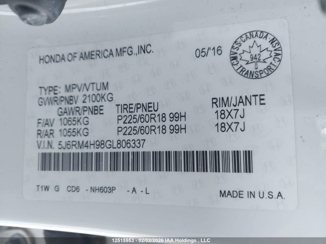 5J6RM4H98GL806337 Honda Cr-v Touring