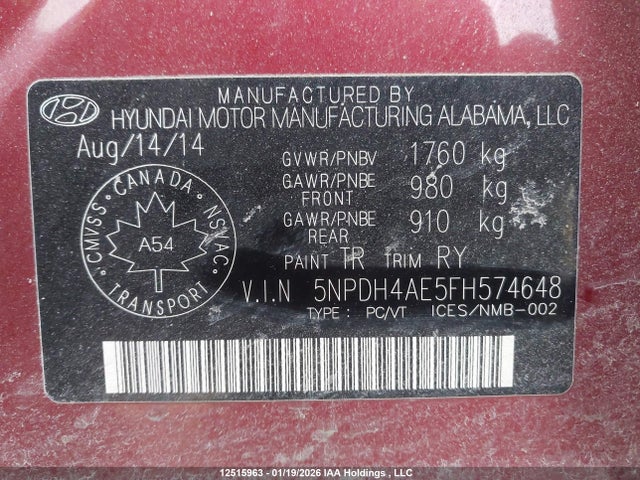 5NPDH4AE5FH574648 Hyundai ELANTRA GL